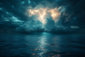 The meeting point of a lightning strike and a calm ocean surface, symbolizing the collision of...