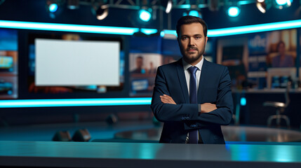 Professional male tv moderator stands in a modern television studio, ready to broadcast. The blank area used to visualize news can easily be replaced by your invidiual image or message - obrazy, fototapety, plakaty
