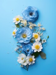 blue background or texture with spring flowers. template, greeting card for Mother's Day, March 8