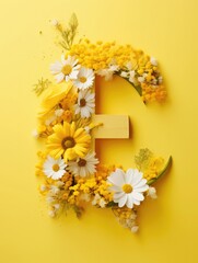 Letter E made of real natural flowers and leaves, on a yellow background. Spring, summer and valentines creative idea.