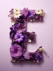 Letter E made of real natural flowers and leaves, on a violet background. Spring, summer and valentines creative idea.