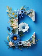 Letter E made of real natural flowers and leaves, on a blue background. Spring, summer and valentines creative idea