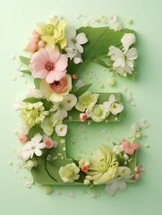 Letter E made of real natural flowers and leaves, on a green background. Spring, summer and valentines creative idea.
