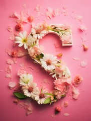 Letter S made of real natural flowers and leaves, on a pink background. Spring, summer and valentines creative idea.