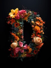 Letter D made of real natural flowers and leaves, on a black background. Spring, summer and valentines creative idea.