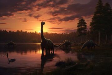 brachiosaurus near a river or lake at sunset. silhouette prehistoric dinosaur
