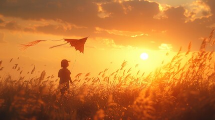 a child standing alone in a meadow at sunset, holding a kite shaped like a bird