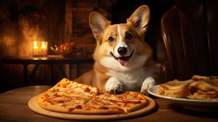 cute, fluffy dog, puppy eating pizza. pet and fast food. delicious Italian pastries. pizza day.