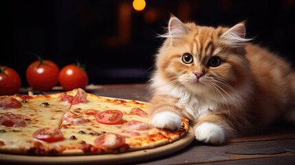 cute, fluffy cat, kitten eating pizza. pet and fast food. delicious Italian pastries. pizza day.