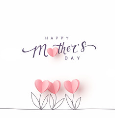 Fototapeta premium Mother's day postcard with paper tulips flowers and calligraphy text on white background. Vector pink symbols of love in shape of heart for greeting card, cover, label design