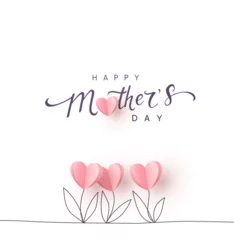 Türaufkleber Mother's day postcard with paper tulips flowers and calligraphy text on white background. Vector pink symbols of love in shape of heart for greeting card, cover, label design © Kindlena
