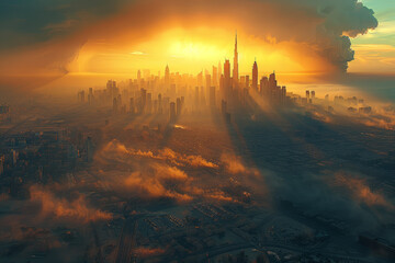 The confrontation of a dust storm and an urban skyline, showing the collision of swirling dust...