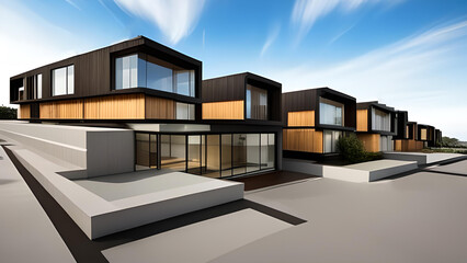 Modern architecture with modular homes, large windows, wooden accents, under a blue sky with clouds. Generative Ai