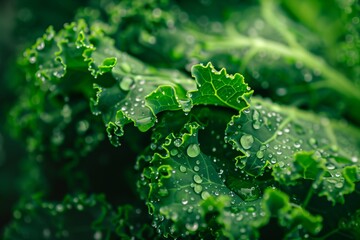 An up-close view of vibrant green kale leaves, adorned with glistening water droplets that reflect a subtle light, showcasing the natural textures and patterns of plant life after a rejuvenating rain.