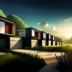 Modern homes aligned, showcasing beautiful architecture amidst nature, under a serene sky. Generative Ai