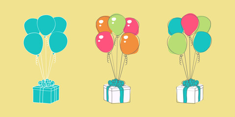 A colorful bunch of balloons along with a wrapped present placed on a bright yellow background. The balloons are in various shades and sizes, adding a festive touch to the scene