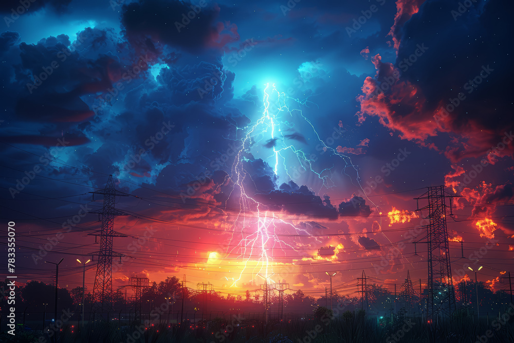 Poster the meeting point of a thunderstorm and a power grid, depicting the collision of lightning strikes a