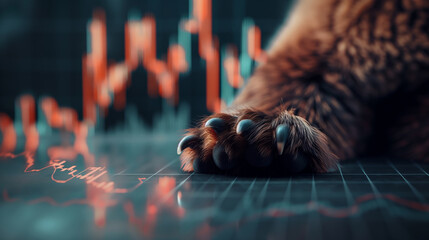 Close-up of a brown bear's paw over a glowing stock market chart illustrating a downward trend.