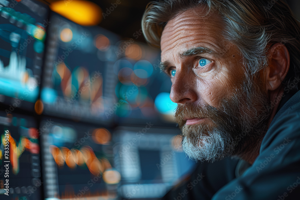 Poster a stock trader analyzing market trends on a computer screen, seeking profitable investment opportuni
