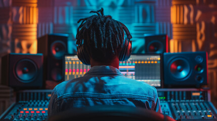 A young male sound engineer sits at the console in a recording studio and edits new music.
