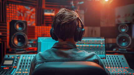 A young male sound engineer sits at the console in a recording studio and edits new music. - obrazy, fototapety, plakaty