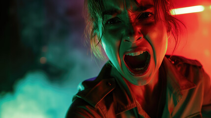 Military woman, screaming loudly, emotional cinematic scene, expression, close-up view.