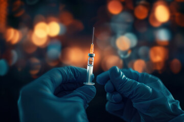 Vaccine preparation with syringe and vial against a blurred light backdrop