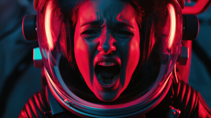 Woman astronaut screaming loudly, emotional cinematic scene, expression, close-up view. - obrazy, fototapety, plakaty