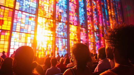 Fototapeta na wymiar Vibrant Stained Glass Windows and Diverse Audience in Awe at a Cultural Event