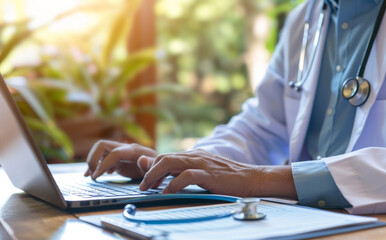 A doctor typing on a laptop keyboard, updating patient medical records or consulting
