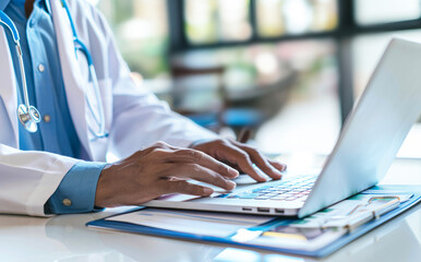 Doctor working on a laptop in his office, healthcare concept