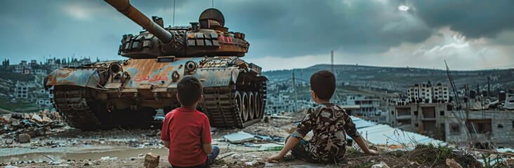 two children sitting on the ground infront of destroyed tank. AI generated illustration