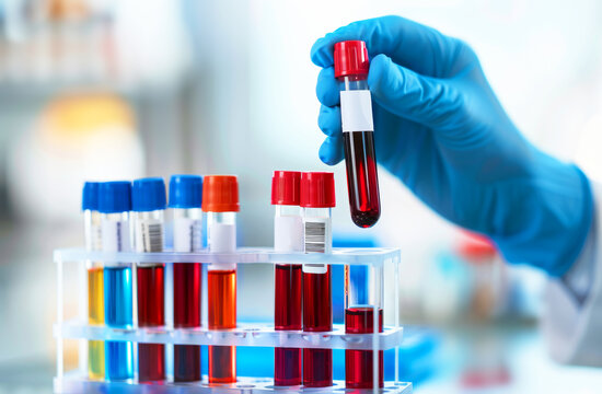 Hand holding a blood test sample in a medical laboratory