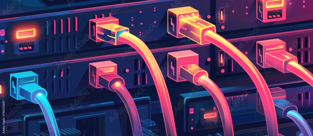 Poster numerous cables connected to a digital server system for data transmission and processing