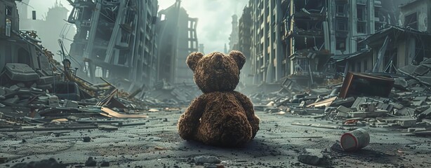 A teddy bear sitting alone in the middle of an abandoned city. AI generated illustration - obrazy, fototapety, plakaty