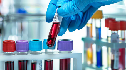 A lab technician in blue gloves expertly handling blood test tube