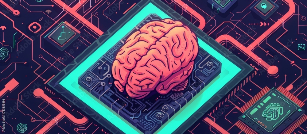 Poster a brain placed on a circuit board is encircled by various electronic components, illustrating the fu