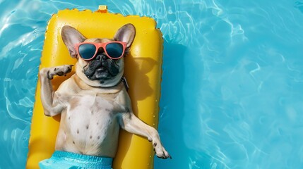 Top view of pug sunbathing on swimming mattress - obrazy, fototapety, plakaty