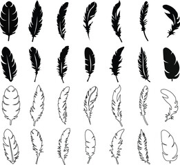 Feather icons set of black vector isolated on transparent background . Feather silhouettes logo template icon design. Simple vector sign. Internet concept symbol for website button or mobile app.