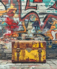 Abandoned suitcase by graffiti wall
