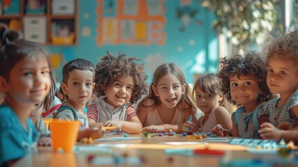 A diverse group of adorable kindergarten children in the classroom performing creative activities and games