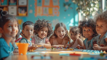A diverse group of adorable kindergarten children in the classroom performing creative activities...