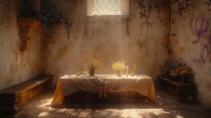   A table, covered by a cloth, is situated in a room adorned with graffiti on the walls Vases filled with flowers rest on the table