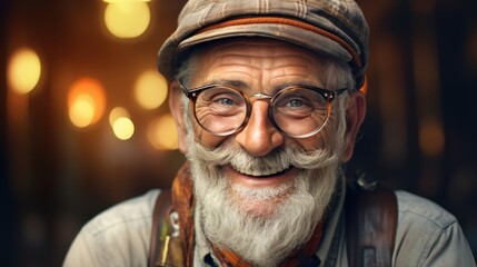 Close-up of smiling elderly hipster man wearing cap and glasses outdoors. Concept: Positive attitude at any age.