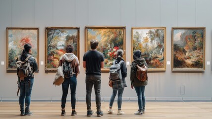 People visiting and watching paintings in art gallery