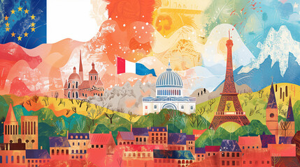 Vibrant artwork featuring famous buildings and sights of France