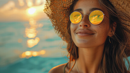 A portrait of a young woman in sunglasses reflecting sunset and a straw hat. - obrazy, fototapety, plakaty