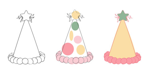 Three colorful party hats are displayed with a star on top of each. The hats are placed side by side on a flat surface, creating a cheerful and festive scene
