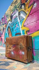Luggage in front of colorful wall