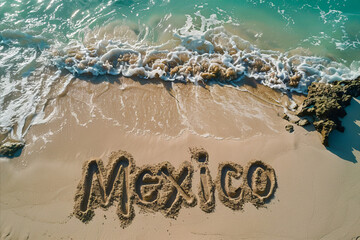 Mexico written in the sand on a beach. Mexican tourism and vacation background - 783356471